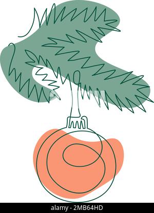 Christmas tree branch of pine, fir, spruce, with ball drawing in outline style Stock Vector