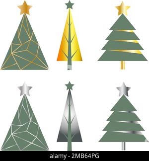 New Year and Christmas set of abstract pines with gold and silver metal gradients Stock Vector