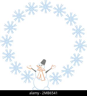 Round winter border with snowman and light blue snowflakes for New Year and Christmas greeting card Stock Vector