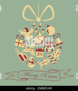 Merry Christmas and Happy New Year greeting card with lettering and backdrop Stock Vector