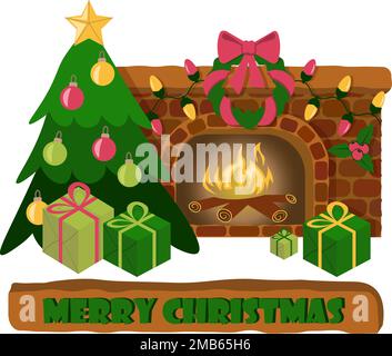 Christmas compositions with fireplace Christmas tree and greeting text on background and transparent Stock Vector