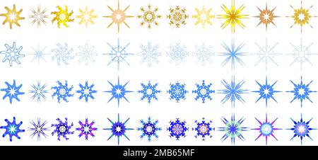 Set of Christmas and New Year snowflakes shaped as stars colored in white, blue, gold and gradient Stock Vector