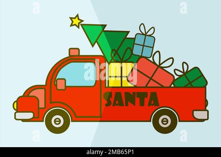 Santa Claus brings on his red car wrapped presents and Christmas tree side view Stock Vector