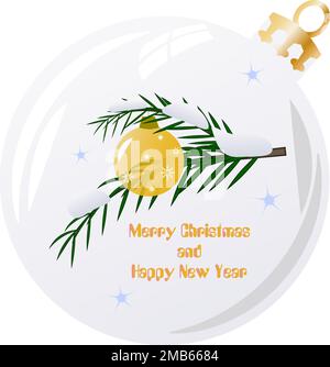 New Year and Christmas composition with decorated pine branch in glass bauble Stock Vector