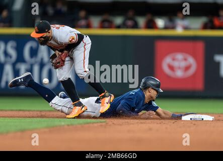 Seattle Mariners third baseman Eugenio Suarez throws to first base against  the Detroit Tigers in a baseball game, Saturday, July 15, 2023, in Seattle.  (AP Photo/Lindsey Wasson Stock Photo - Alamy