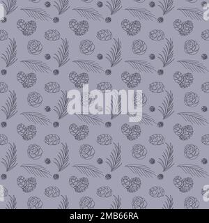 Seamless pattern with cones and branches on blue and grey background Stock Vector
