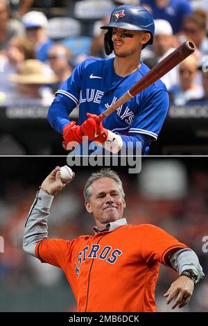 FILE - Top, Toronto Blue Jays' Cavan Biggio at bat against the Kansas City  Royals during the sixth inning of a baseball game, Wednesday, June 8, 2022,  in Kansas City, Mo. Bottom