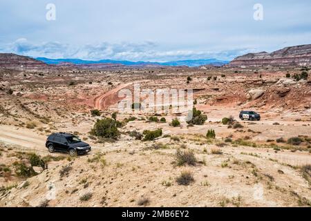 Cathedral Valley Road crossing Caineville Wash, Middle Desert, near Capitol Reef National Park, Utah, USA Stock Photo