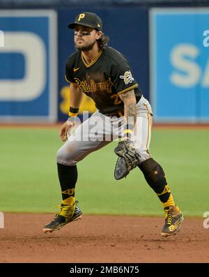 Pittsburgh Pirates first baseman Michael Chavis fields a ground ball hit by  Tampa Bay Rays' Wander Franco during the first inning of a baseball game  Sunday, June 26, 2022, in St. Petersburg