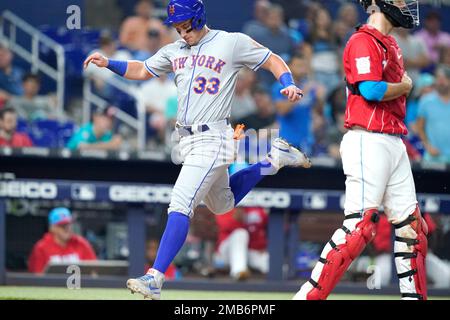 New York Mets' James McCann stands in the dugout during a baseball game  against the Miami Marlins, Friday, June 24, 2022, in Miami. The Mets won  5-3. (AP Photo/Lynne Sladky Stock Photo - Alamy