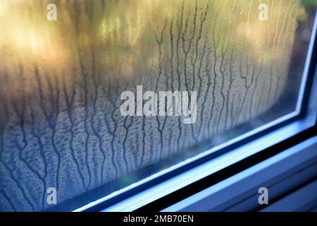 Condensation on double glazed window Stock Photo