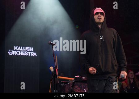 Oleg Psyuk, from the band 'Kalush Orchestra' poses after being ...