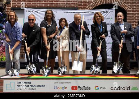 Michael Kors, New York Governor Kathy Hochul, and New York Senator Chuck  Schumer participate in the groundbreaking ceremony for the Stonewall  National Monument Visitor Center in New York City, New York, .,