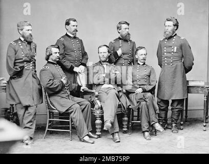 General William Tecumseh Sherman  who was a leading general in the US Army (aka the Union Army) during the American Civil War. He he is with Generals (from left) Oliver Otis Howard, John A. Logan, William Babcock Hazen, , Jefferson C. Davis, Henry Warner Slocum and Joseph Mower Stock Photo