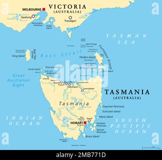 Tasmania and the surrounding area, political map. Australian island state with capital Hobart, south of state Victoria and of the Australian mainland. Stock Photo