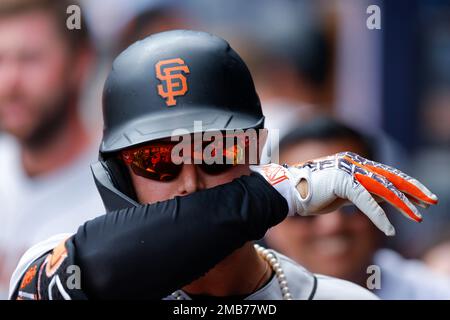 Joc Pederson of the Atlanta Braves reacts on second base during a