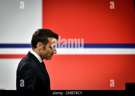 French President Emmanuel Macron leaves the stage after he delivered a speech for his greetings to the Armed Forces on the military base 118. In Mont de Marsan on January 20, 2023. Photo by Ugo Amez/Pool/ABACAPRESS.COM Credit: Abaca Press/Alamy Live News Stock Photo