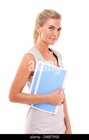 Portrait, business and woman with folder, white background or documents. Female corporate worker, employee and paperwork report in studio of Stock Photo