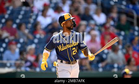 Milwaukee Brewers' Andrew McCutchen in action during a baseball game  against the Washington Nationals, Sunday, June 12, 2022, in Washington. (AP  Photo/Nick Wass Stock Photo - Alamy