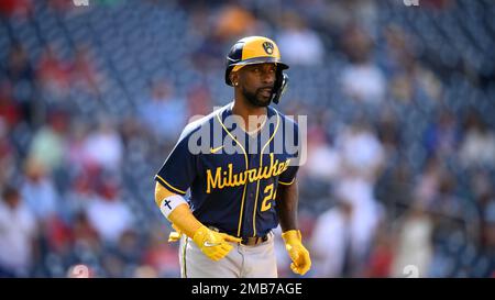 Milwaukee Brewers' Andrew McCutchen in action during a baseball game  against the Washington Nationals, Sunday, June 12, 2022, in Washington. (AP  Photo/Nick Wass Stock Photo - Alamy