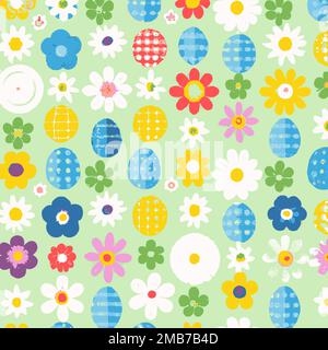 Illustration of many colorful decorated Easter eggs and flowers background pattern, red, yellow, green, blue, bright and pastel Stock Vector