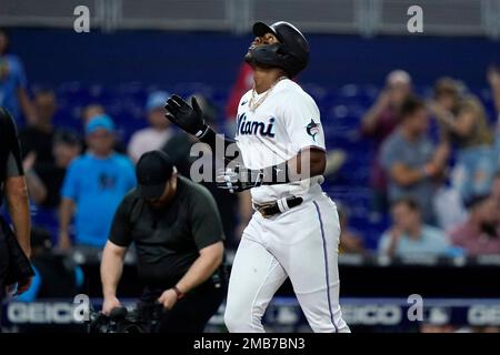Miami Marlins' Jorge Soler bats during the third inning in the first  baseball game of a doubleheader against the Cleveland Guardians, Saturday,  April 22, 2023, in Cleveland. (AP Photo/Nick Cammett Stock Photo - Alamy