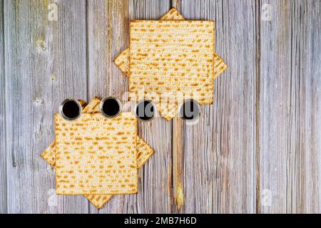 Passover Jewish holiday celebration with matzoh and kosher kiddush four cups red wine were served Stock Photo