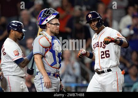 Houston Astros' Jose Siri watches his line drive triple against the Oakland  Athletics during the third inning of a baseball game in Oakland, Calif.,  Monday, May 30, 2022. (AP Photo/John Hefti Stock