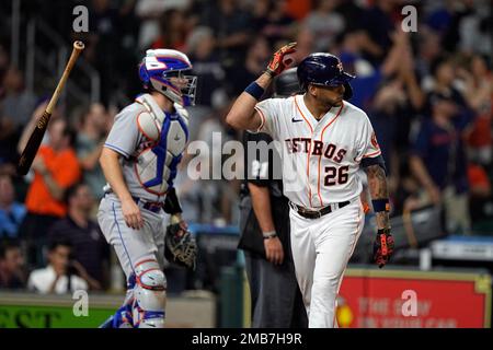 Houston Astros' Jose Siri watches his line drive triple against the Oakland  Athletics during the third inning of a baseball game in Oakland, Calif.,  Monday, May 30, 2022. (AP Photo/John Hefti Stock