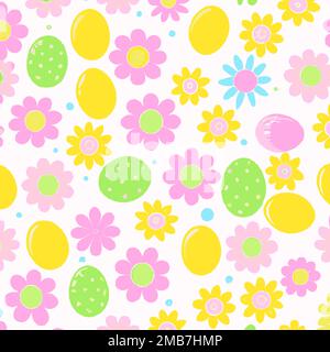 Illustration of many colorful decorated Easter eggs and flowers background pattern, red, yellow, green, blue, bright and pastel Stock Vector