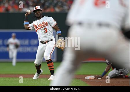 Baltimore Orioles' Jorge Mateo (3) and Ryan McKenna (26) celebrate after  the second baseball game of a doubleheader, Saturday, April 29, 2023, in  Detroit. Baltimore won 6-4. (AP Photo/Paul Sancya Stock Photo - Alamy