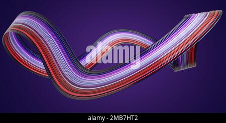 Multi-colored curved ribbon shape in blue and red tones. Blue gradient background. Stock Photo