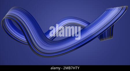 Multi-colored curved ribbon shape in blue tones with yellow lines. Blue gradient background. Stock Photo