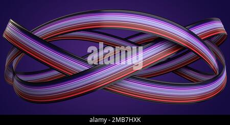 Multi-colored curved ribbon shape in blue and red tones. Blue gradient background. Stock Photo