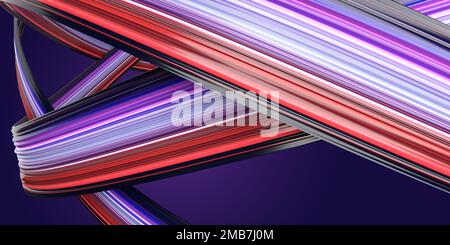 Multi-colored curved ribbon shape in blue and red tones. Blue gradient background. Stock Photo