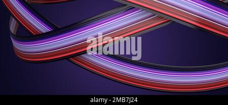 Multi-colored curved ribbon shape in blue and red tones. Blue gradient background. Stock Photo