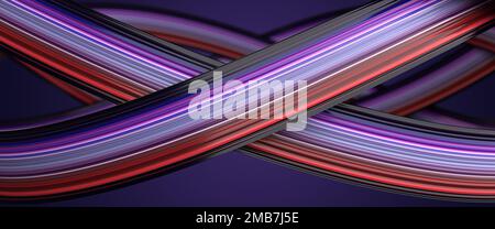 Multi-colored curved ribbon shape in blue and red tones. Blue gradient background. Stock Photo