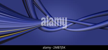 Multi-colored curved ribbon shape in blue tones with yellow lines. Blue gradient background. Stock Photo