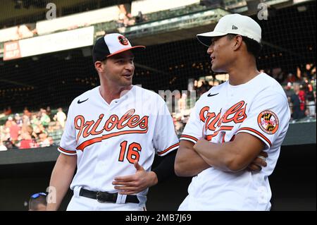 Baltimore Orioles' Trey Mancini (16), Rio Ruiz (14), Richie Martin