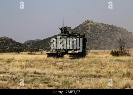 An M1132 Engineer Squad Vehicle assigned to Bravo Company, 52nd Brigade Engineer Battalion, 2nd Stryker Brigade Combat Team, 4th Infantry Division, provides security during engineer qualification tables, June 14, 2022, at Ft. Carson, Colo. Engineer qualification tables allow soldiers in the unit to demonstrate their proficiency at engineer tasks. U.S. Army photo by Maj. Jason Elmore. Stock Photo