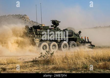 An M1132 Engineer Squad Vehicle assigned to Bravo Company, 52nd Brigade Engineer Battalion, 2nd Stryker Brigade Combat Team, 4th Infantry Division, clears a minefield during engineer qualification tables, June 14, 2022, at Ft. Carson, Colo. Engineer qualification tables allow soldiers in the unit to demonstrate their proficiency at engineer tasks. U.S. Army photo by Maj. Jason Elmore. Stock Photo