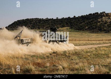 An M1132 Engineer Squad Vehicle assigned to Bravo Company, 52nd Brigade Engineer Battalion, 2nd Stryker Brigade Combat Team, 4th Infantry Division, clears a minefield during engineer qualification tables, June 14, 2022, at Ft. Carson, Colo. Engineer qualification tables allow soldiers in the unit to demonstrate their proficiency at engineer tasks. U.S. Army photo by Maj. Jason Elmore. Stock Photo