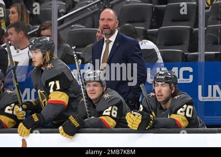 FILE - Vegas Golden Knights head coach Peter DeBoer, center, talks to  players during the third period of an NHL hockey game against the Chicago  Blackhawks in Chicago, Wednesday, April 27, 2022.
