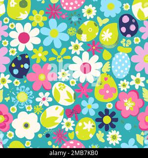 Illustration of many colorful decorated Easter eggs and flowers background pattern, red, yellow, green, blue, bright and pastel Stock Vector