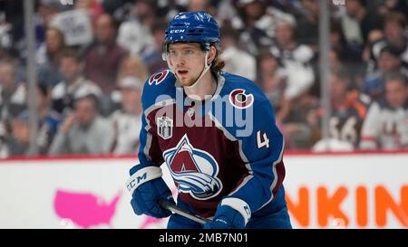 Colorado Avalanche defenseman Bowen Byram (4) attempts a shot during the  second period of Game 4 of the NHL hockey Stanley Cup Finals against the  Tampa Bay Lightning on Wednesday, June 22