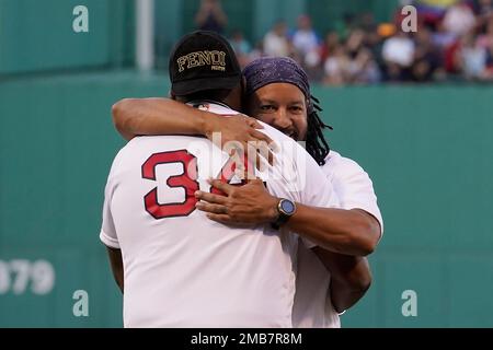 Manny Ramirez Receives Red Sox Hall Of Fame Plaque From David Ortiz