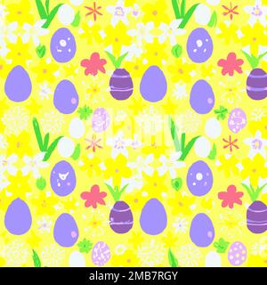 Illustration of many colorful decorated Easter eggs and flowers background pattern, red, yellow, green, blue, bright and pastel Stock Vector
