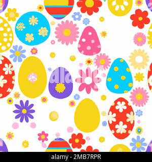 Illustration of many colorful decorated Easter eggs and flowers background pattern, red, yellow, green, blue, bright and pastel Stock Vector