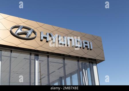 Indianapolis - Circa December 2022: Hyundai Motor Company dealership. Hyundai builds vehicles in South Korea and Montgomery, Alabama. Stock Photo