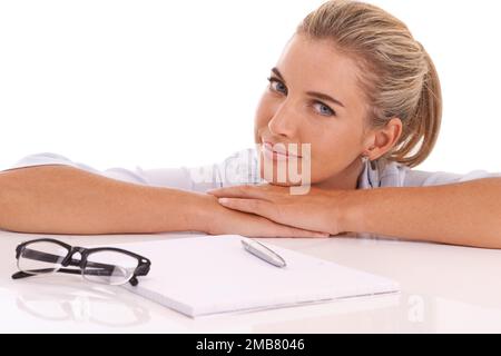 Business woman, portrait or documents desk on isolated white background in cv review, recruitment or strategy planning. Happy, human resources or hr Stock Photo